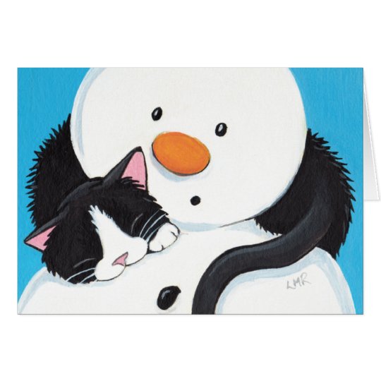 Cute Sleepy Tuxedo Cat and Snowman Christmas Card