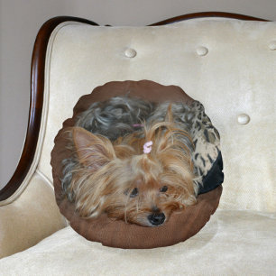 Cute Sleepy Yorkshire Terrier Yorkie Puppy  Round Cushion