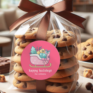 Cute Sleigh with Goodies Happy Holidays Pink  Classic Round Sticker