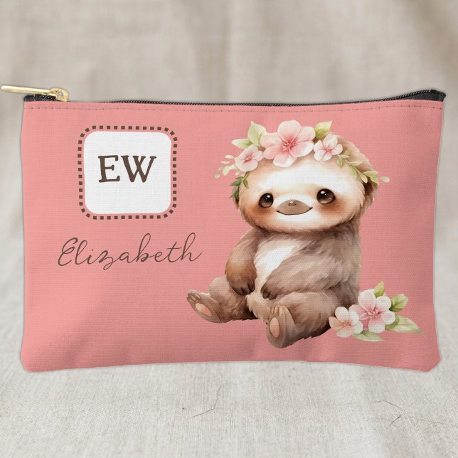 Cute sloth add initials name pink accessory pouch (Creator Uploaded)