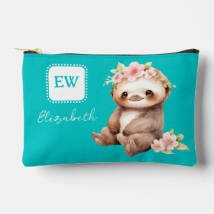 Cute sloth add initials name turquoise accessory pouch