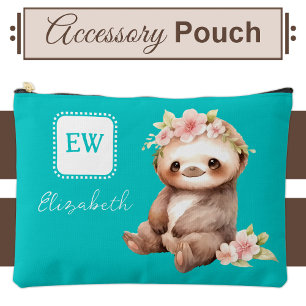 Cute sloth add initials name turquoise accessory pouch