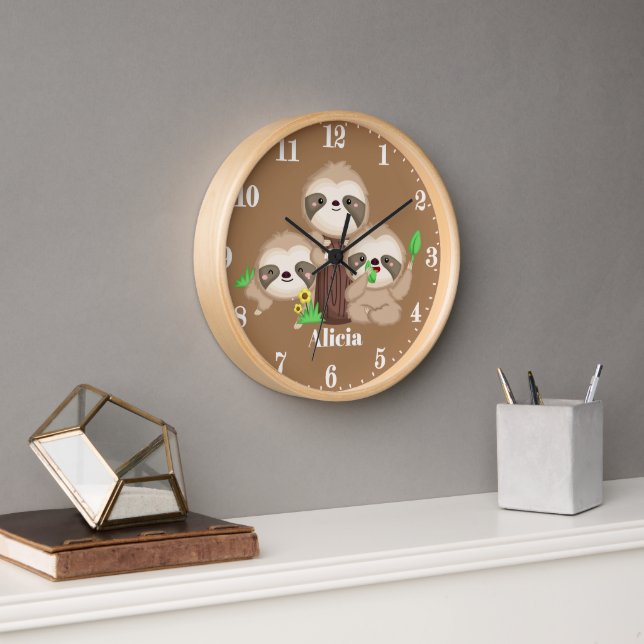 Cute sloth add name girls room decor clock (Office)