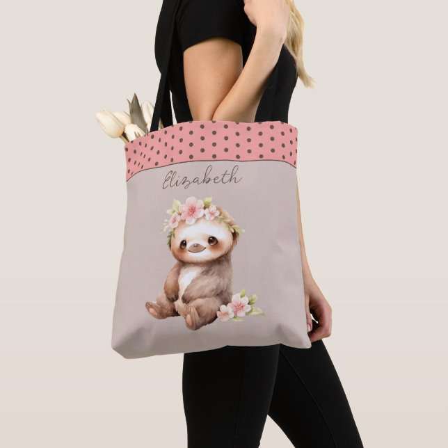 Cute sloth add name polka dots pink tote bag (Close Up)