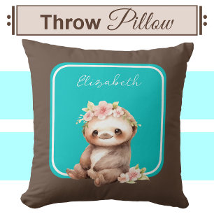 Cute sloth add name polka dots turquoise cushion