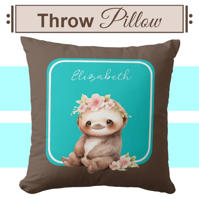 Cute sloth add name polka dots turquoise cushion (Creator Uploaded)