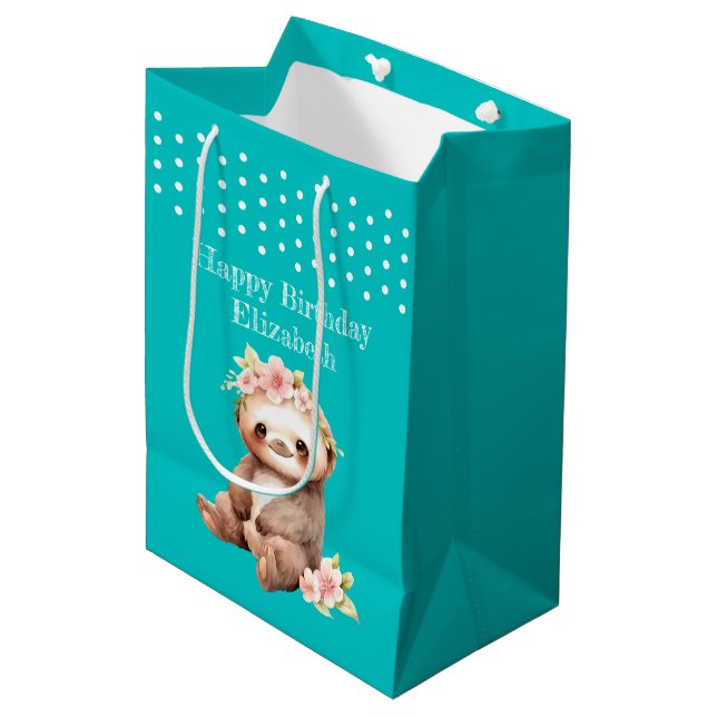 Cute sloth add name polka dots turquoise medium gift bag (Front Angled)