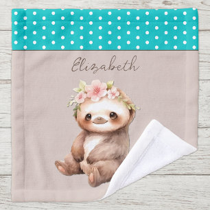 Cute sloth add name polka dots turquoise wash cloth