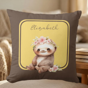 Cute sloth add name polka dots yellow cushion