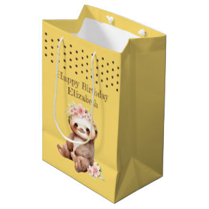 Cute sloth add name polka dots yellow medium gift bag
