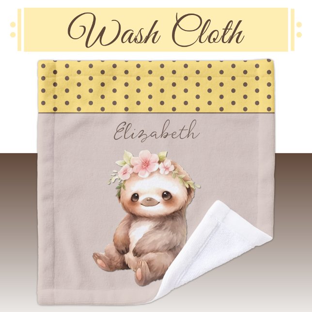 Cute sloth add name polka dots yellow wash cloth (Creator Uploaded)
