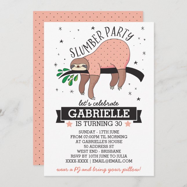 Cute Sloth Adult Slumber Party Invitation (Front/Back)