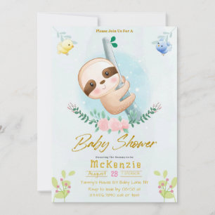 Cute Sloth and Birds Girl Baby Shower Invitation