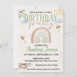 Cute Sloth and Boho Rainbow Birthday Party Invitation