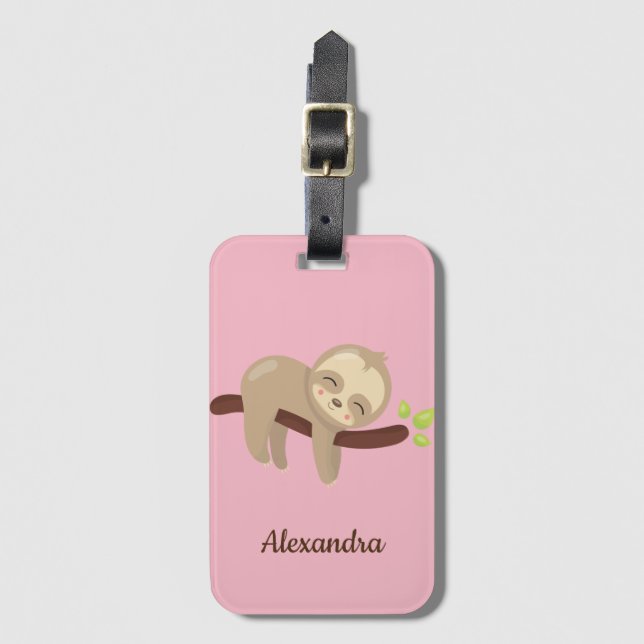 Cute Sloth Animal Illustration on Pink Monogrammed Luggage Tag (Front Vertical)