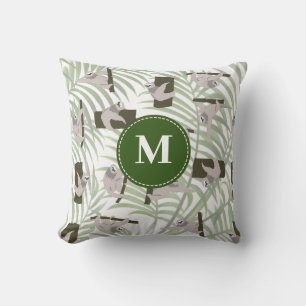 Cute Sloth Animal Pattern in Wild Forest Monogram Cushion