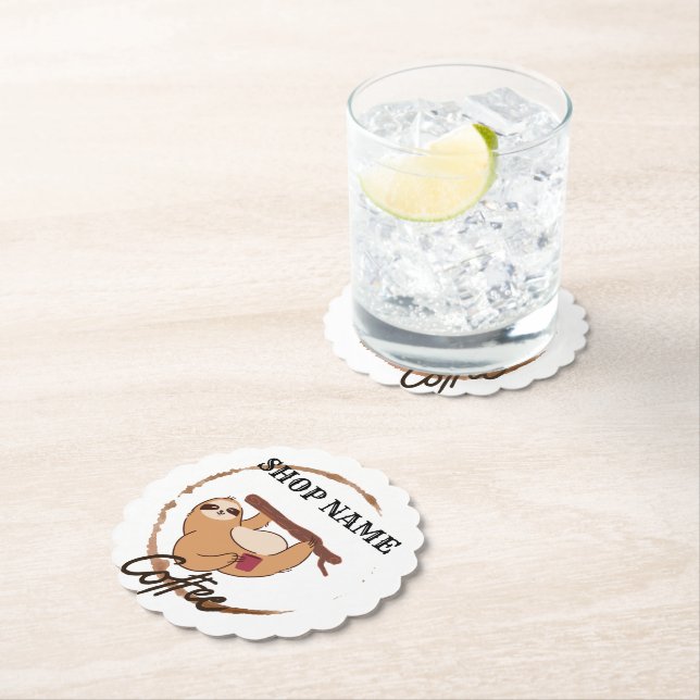 Cute sloth animals coffee Tea custom Shop name Paper Coaster (Insitu)