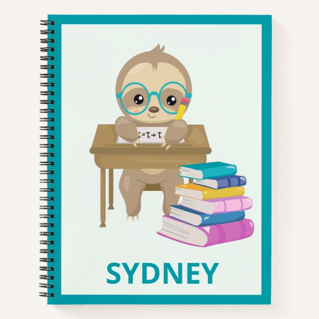 Cute Sloth at School Personalised Notebook (Front)