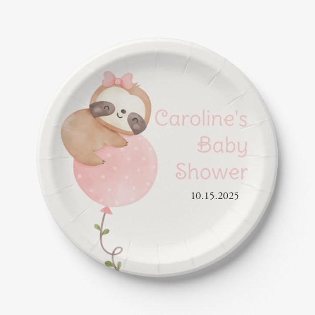 Cute Sloth Baby Girl Baby Shower Diaper Raffle  Paper Plate (Front)