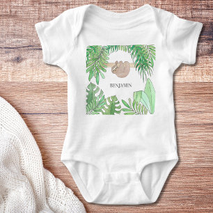 Cute Sloth Baby Jungle Leaves Watercolor Name Bodysuit