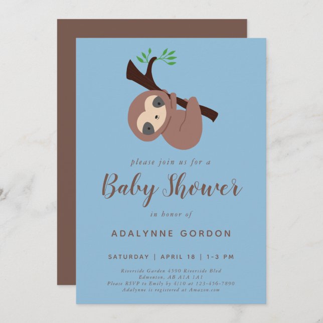 Cute Sloth Baby Shower Boy Blue Brown Kawaii Invitation (Front/Back)