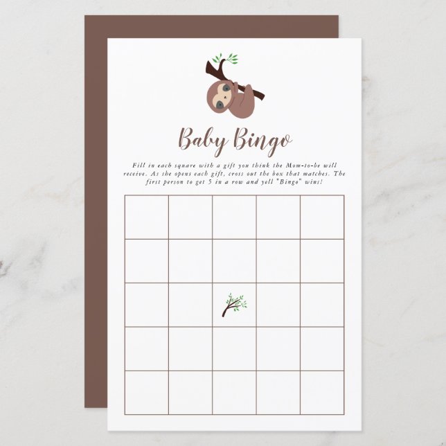 Cute Sloth Baby Shower Game Bingo Brown Kawaii (Front/Back)