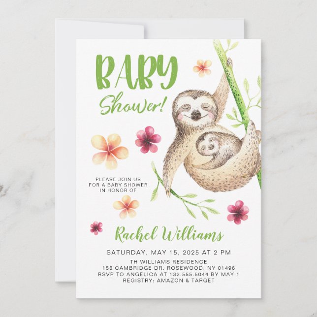 Cute Sloth Baby Shower Invitation (Front)