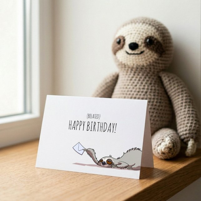 Cute Sloth Belated Happy Birthday Funny Cartoon Card (Creator Uploaded)