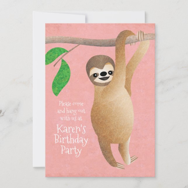 Cute Sloth Birthday Party Hang Out Pink Invitation (Front)