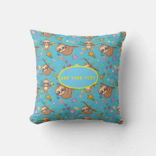 Cute Sloth Blue Pattern   Add Your Text Template Cushion
