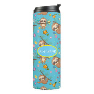 Cute Sloth Blue Pattern   Add Your Text Template Thermal Tumbler