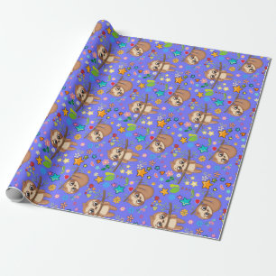 Cute Sloth Blue Pattern Baby Shower Birthday Wrapping Paper