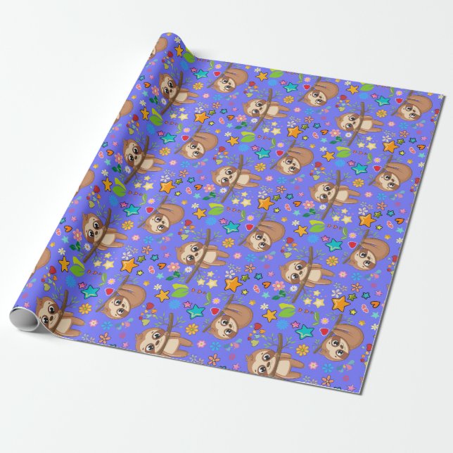  Cute Sloth Blue Pattern Baby Shower Birthday Wrapping Paper (Unrolled)