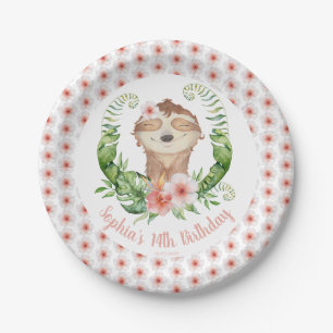 Cute Sloth Blush Pink Floral Girl's Name Birthday  Paper Plate