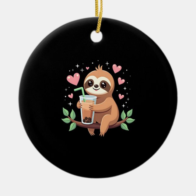 Cute Sloth Boba Bubble Milk Tea Kawaii Women Girls Ceramic Ornament (Front)