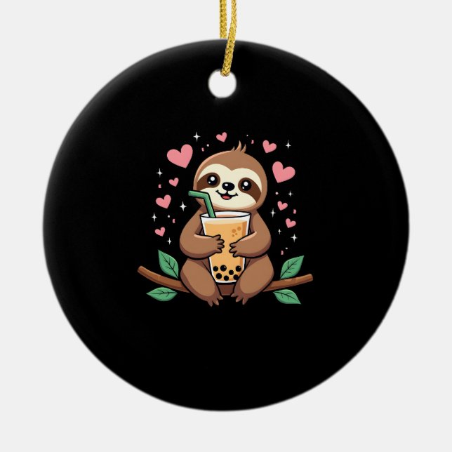 Cute Sloth Boba Bubble Milk Tea Kawaii Women Girls Ceramic Ornament (Front)