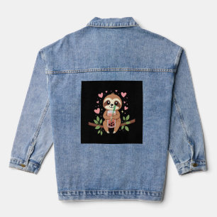 Cute Sloth Boba Bubble Milk Tea Kawaii Women Girls Denim Jacket