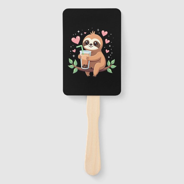 Cute Sloth Boba Bubble Milk Tea Kawaii Women Girls Hand Fan (Front)