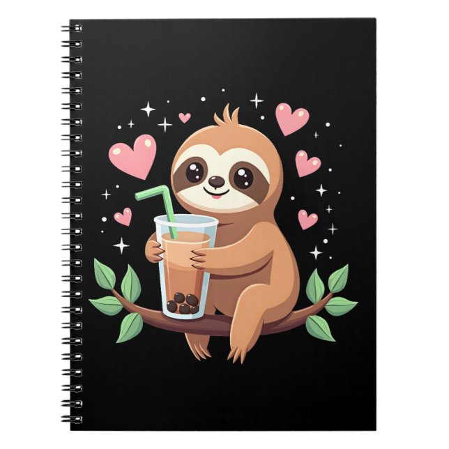 Cute Sloth Boba Bubble Milk Tea Kawaii Women Girls Notebook (Front)