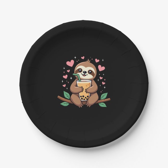 Cute Sloth Boba Bubble Milk Tea Kawaii Women Girls Paper Plate (Front)