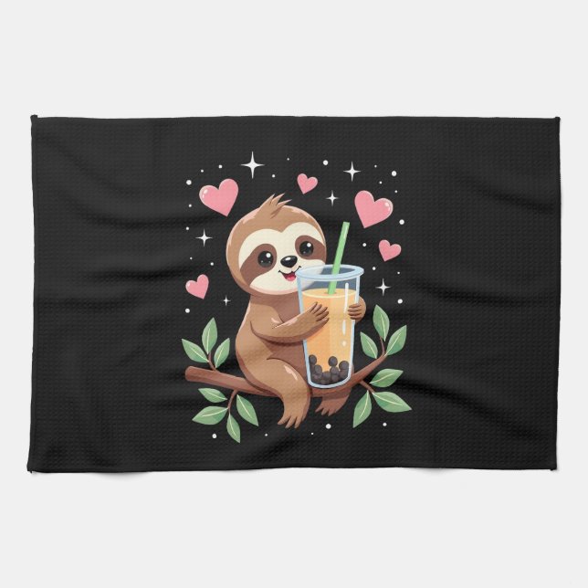 Cute Sloth Boba Bubble Milk Tea Kawaii Women Girls Tea Towel (Horizontal)