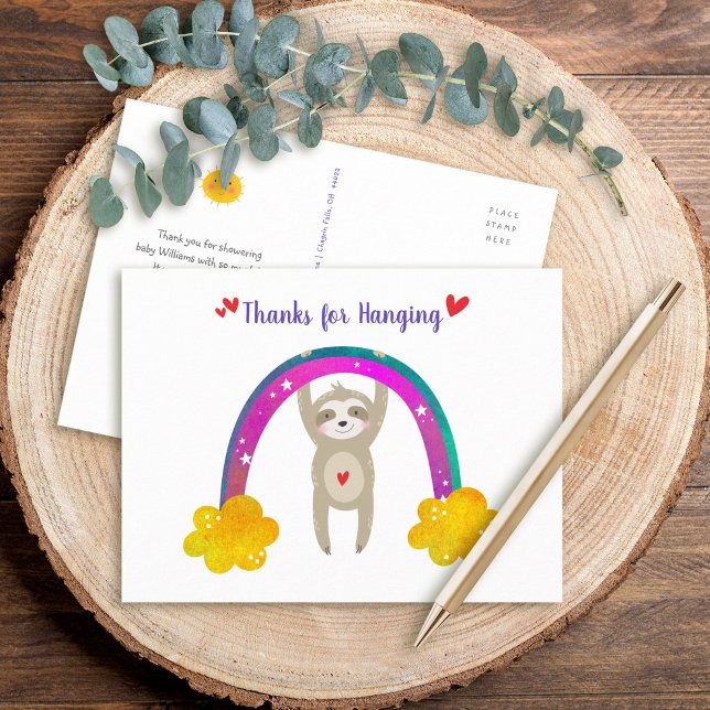 Cute Sloth Boho Rainbow Baby Shower Chic Thank You Postcard (Creator Uploaded)