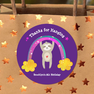 Cute Sloth Boho Rainbow Birthday Purple Thank You Classic Round Sticker