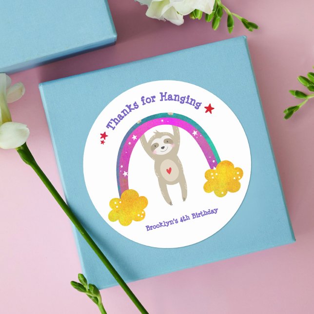 Cute Sloth Boho Rainbow Kawaii Birthday Thank You Classic Round Sticker (Creator Uploaded)