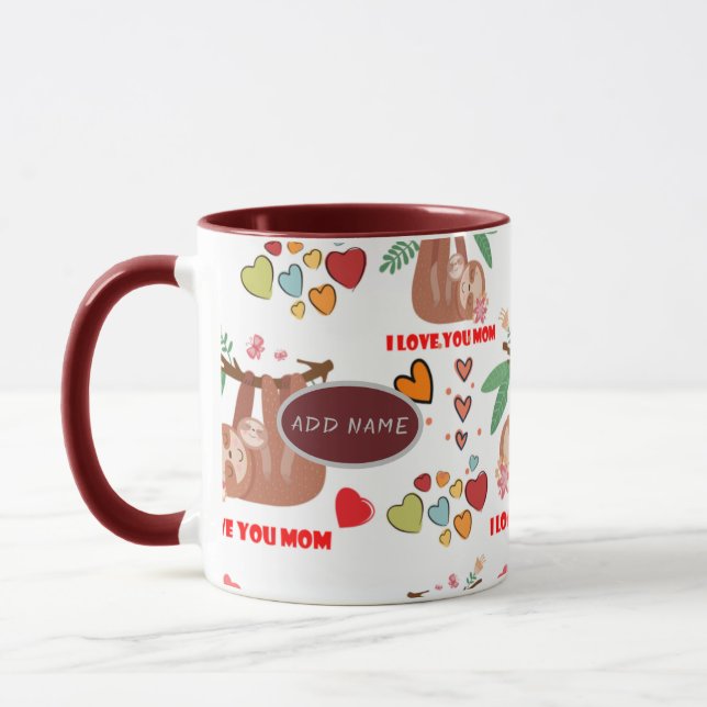 Cute Sloth Brown Pattern I Love You Mum Hearts  Mug (Left)