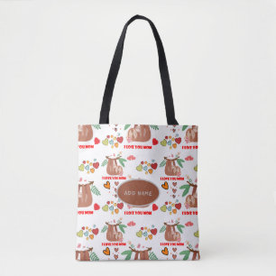 Cute Sloth Brown Pattern I Love You Mum Hearts Tote Bag