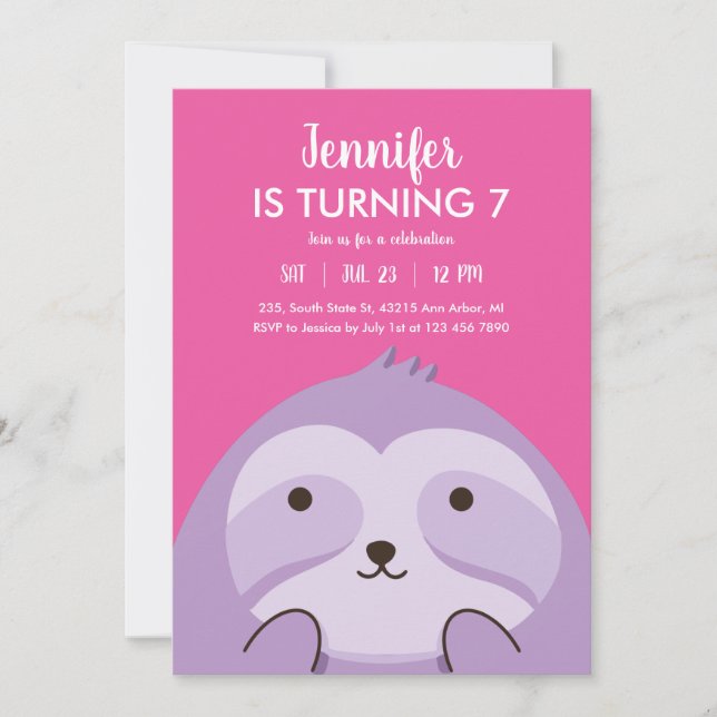 Cute Sloth Cartoon Purple Pink Kids Birthday Invitation (Front)