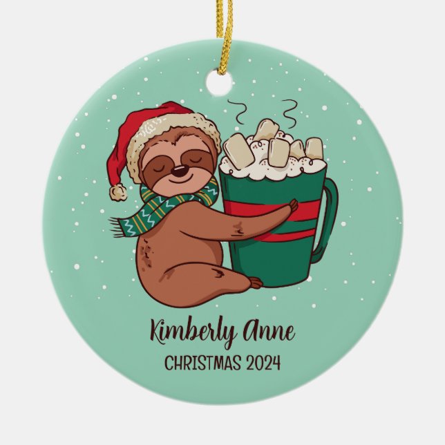 Cute Sloth Christmas Animal Snowy Winter Holiday Ceramic Ornament (Front)