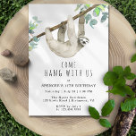 Cute Sloth | Come Hang | Funny Kids Birthday Party Invitation<br><div class="desc">"Come hang with us" fun birthday party invitations with a watercolor illustration of a sloth hanging from a tree. Simple and cute cards with black handwritten-style font on a white background. The reverse side features a wood pattern. Background colours can be changed,  if desired,  by using the design tool.</div>