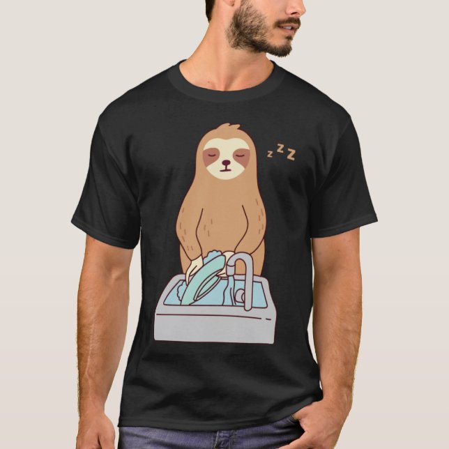 Cute Sloth Dishwashing Sleeping Tired Lazy Pullove T-Shirt (Front)